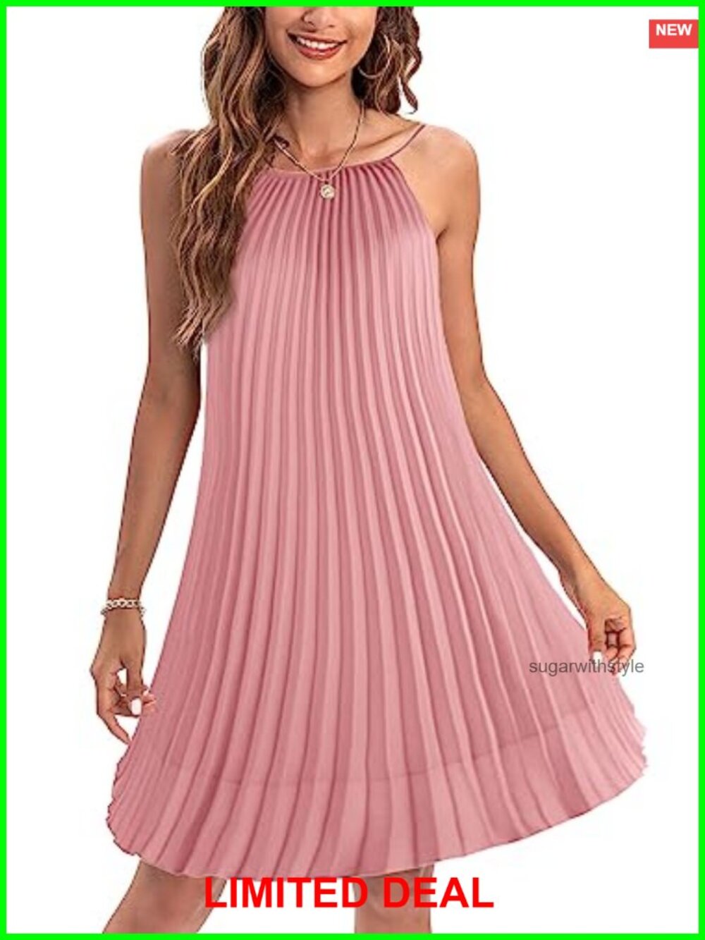 Pleated Halter Swing Dress with Belt Sleeveless Knee-Length Chiffon